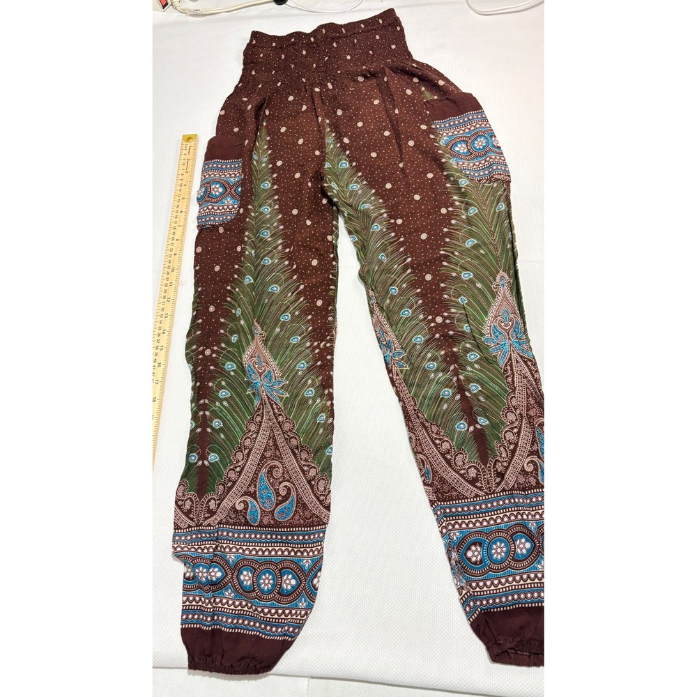 Boho Peacock Paisley Smocked High Waist Harem Pants Brown Jogger Yoga Festival